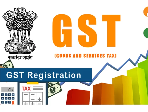The image with a white background shows the Ashoka Pillar calculator and cardboard with some Indian rupees, and the text GST Registration appears with a dark blue background.
