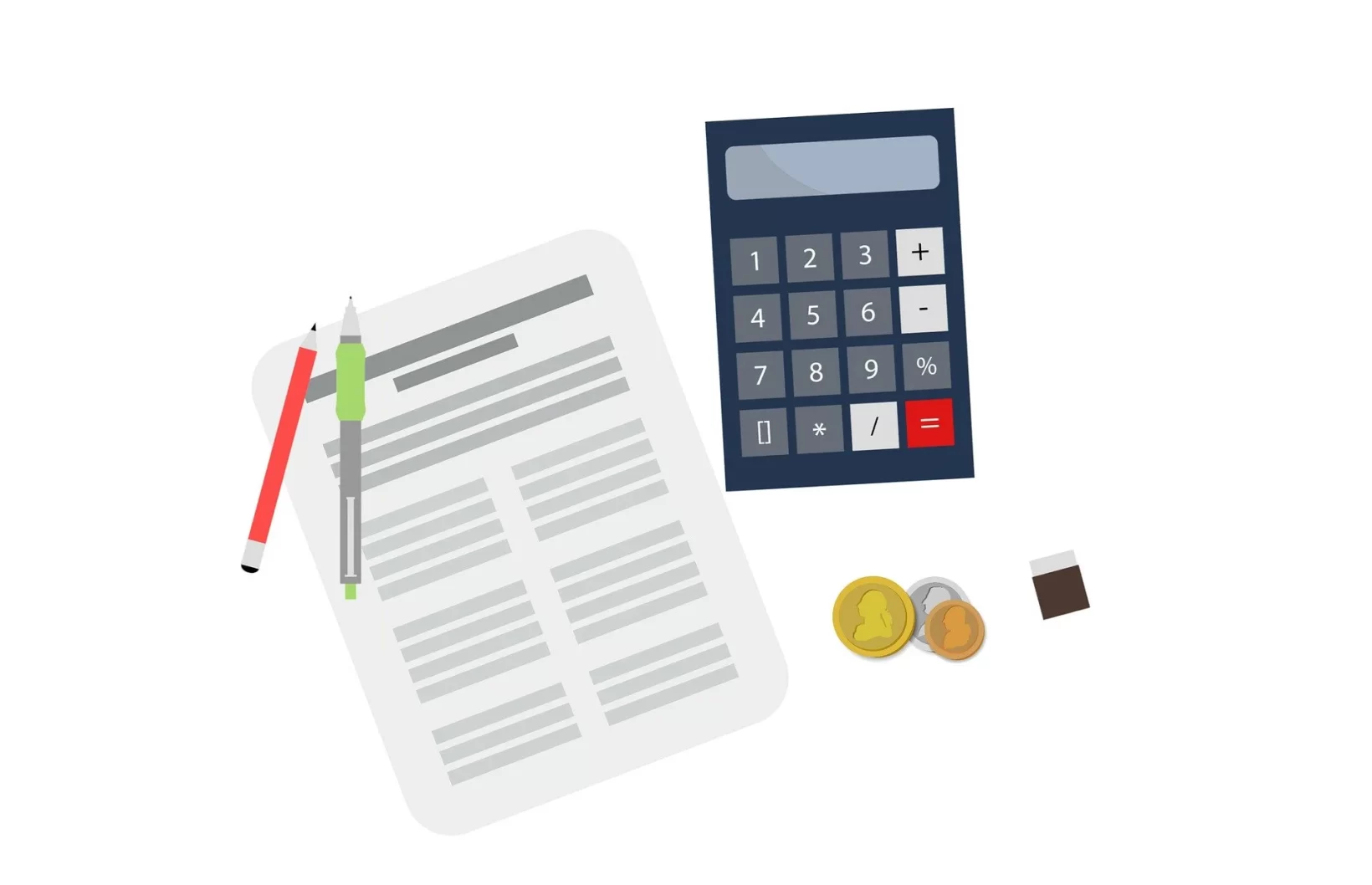 The image with a white background shows a pencil, pen, paper, calculator and some coins.