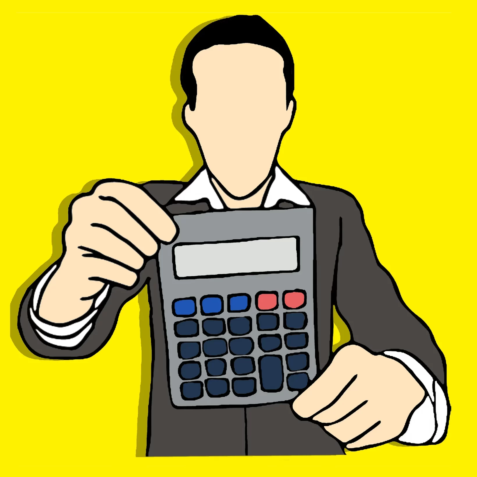 The image with a yellow background shows a person who has a calculator.