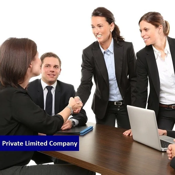 The image with a white background shows three business ladies and one businessman, and "Private Limited Company" with a blue background.