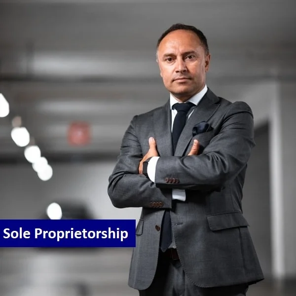 An image with a blurred grey background shows an Indian business standing and the text Sole Proprietorship with a blue background on the left.
